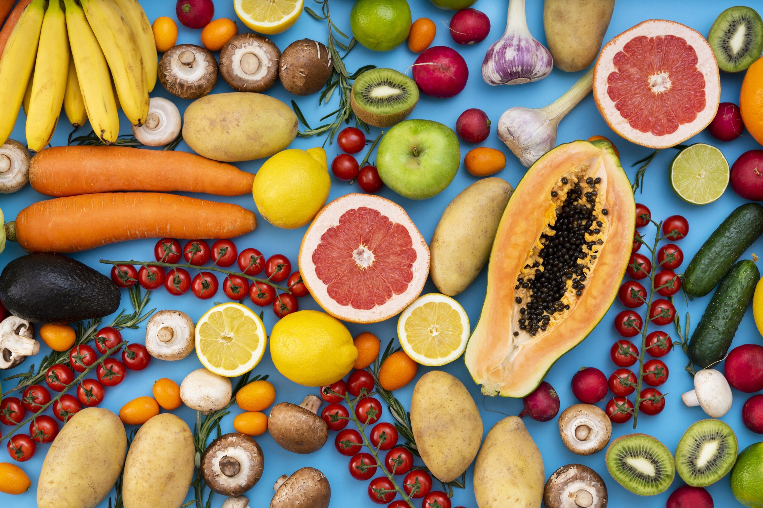 A vibrant assortment of fruits, vegetables, nuts, and grains showcasing micronutrient-rich foods.