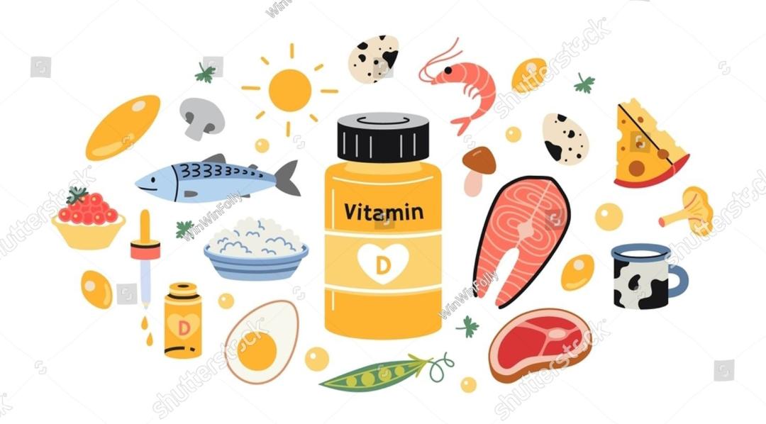 Vitamin D supplements and fortified foods with a warning sign, indicating the risk of excessive intake.